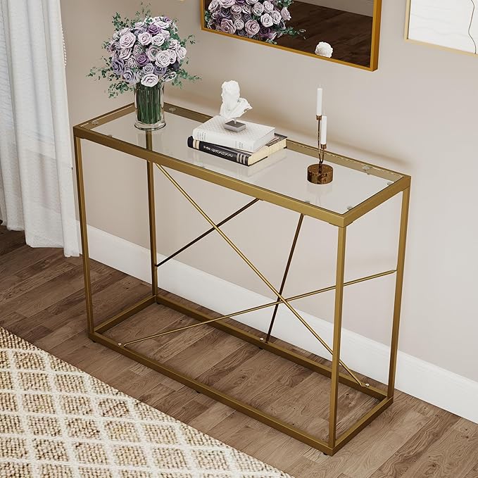 OIOG Glass Console Table for Entryway, Modern Sofa Table with Temperes Glass Tabletop and Golden Frame, Gold Entryway Table for Living Room, Foyer, Dining Room, Home Office