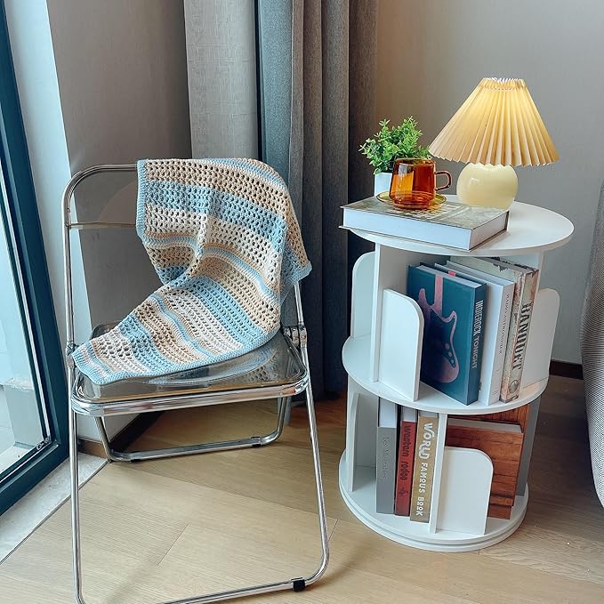 Heehee Wooden Rotating Bookshelf 360 Display Floor Standing Bookcase Storage Rack for Kids&Adults Multi-Functional Bookshelf Organizer (White (2-Tier))