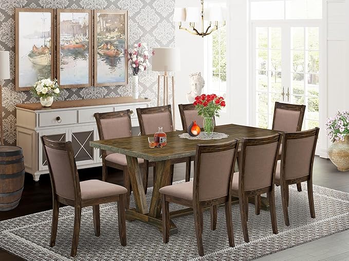East West Furniture V777MZ748-9 9 Piece Modern Dining Table Set Includes a Rectangle Wooden Table with V-Legs and 8 Coffee Linen Fabric Upholstered Chairs, 40x72 Inch, Multi-Color