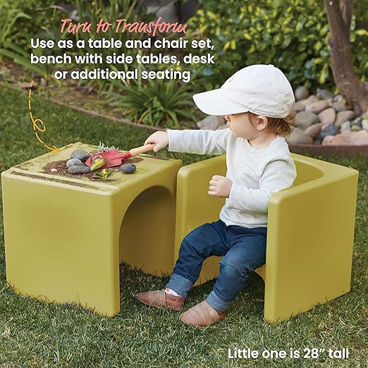 ECR4Kids Tri-Me Table and Cube Chair Set, Multipurpose Furniture, Fern Green, 3-Piece