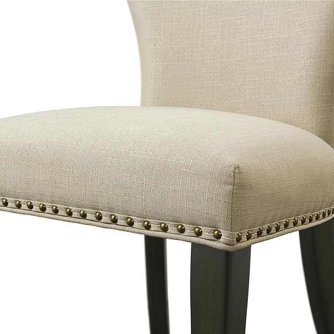 Alaterre Furniture Savoy Upholstered Dining Chairs – Set of 2 Parsons Style Accent Chairs with Cream Linen Fabric, Nailhead Trim, and Dark Stained Legs – for Dining Room, Desk, or Sitting Area