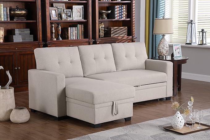 Devion Furniture Meridian 4-in-1 Convertible L Shaped Couch with Pull Out Bed and Storage, Sectional Sleeper Sofa with Reversible Chaise for Living Room, Apartment, Bedroom, Office