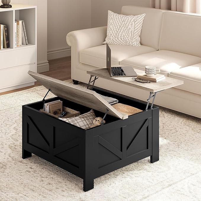 Yaheetech Lift Top Coffee Table with Storage, Square Coffee Table for Living Room, 31.5 Inches Center Tables with Large Hidden Storage Compartment for Home Office, Black&Gray