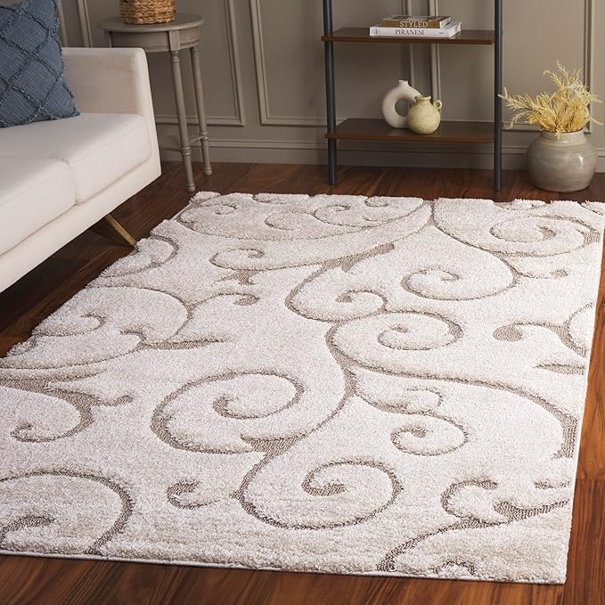 SAFAVIEH Florida Shag Collection Accent Rug - 4' x 6', Cream & Beige, Scroll Design, Non-Shedding & Easy Care, 1.2-inch Thick Ideal for High Traffic Areas in Foyer, Living Room, Bedroom (SG455-1113)