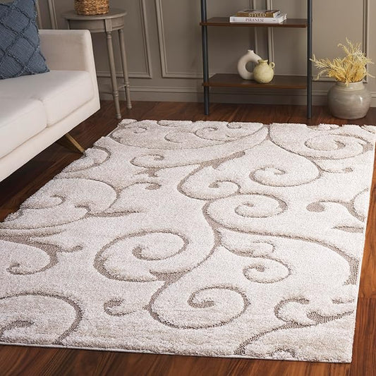 SAFAVIEH Florida Shag Collection Area Rug - 6' x 9', Cream & Beige, Scroll Design, Non-Shedding & Easy Care, 1.2-inch Thick Ideal for High Traffic Areas in Living Room, Bedroom (SG455-1113)