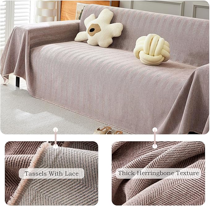 STACYPIK Solid Pink Sofa Cover for Pets Dogs, Cooling Chenille Herringbone Couch Cover for Sectional, Washable Pet Slipcover for 3 Cushion Couch, Anti-Slip Stain-Resistant Furniture Protector-71X134IN
