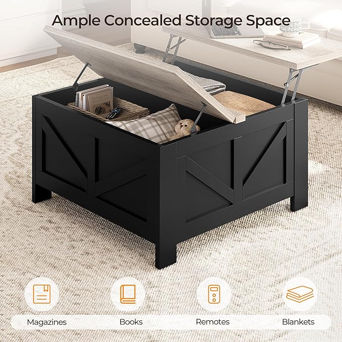 Yaheetech Lift Top Coffee Table with Storage, Square Coffee Table for Living Room, 31.5 Inches Center Tables with Large Hidden Storage Compartment for Home Office, Black&Gray