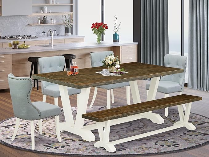 East West Furniture V077SI215-6 6 Piece Dining Table Set Contains a Rectangle Dining Room Table with V-Legs and 4 Baby Blue Linen Fabric Parson Chairs with a Bench, 40x72 Inch, Multi-Color