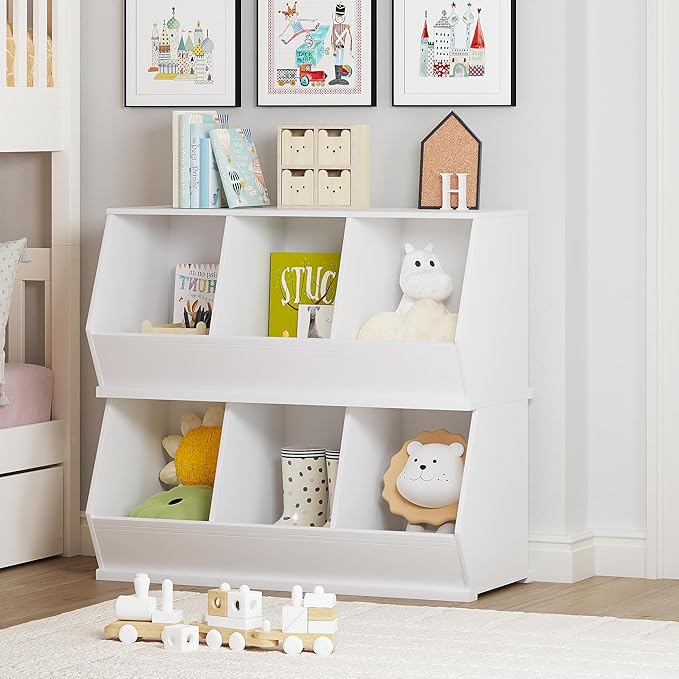 UTEX Stackable Toy Storage Cabinet, Wooden Cubby Organizer, White Shelf for Playroom, Bedroom, Living Room, Nursery, 3 Cubes