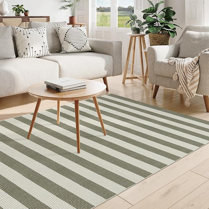 OJIA Outdoor Patio Rug 5'x7', Striped Rug Machine Washable Large Area Rugs Cotton Woven Thin Indoor Outdoor Rugs for Bedroom/Living Room/Front Porch/Deck/Backyard/Camping (Green/White/Tan)