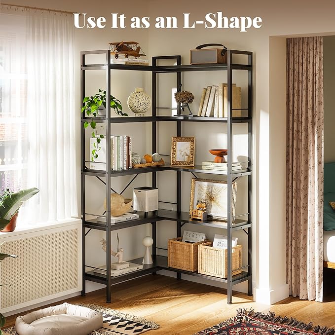 Huuger 5 Tier Bookshelf, L Shaped Corner Bookshelf with 10 Open Shelves, 49.4 Inch Straight Wide Bookcase with Metal Frame and Wooden Board, Adjustable Feet, Black