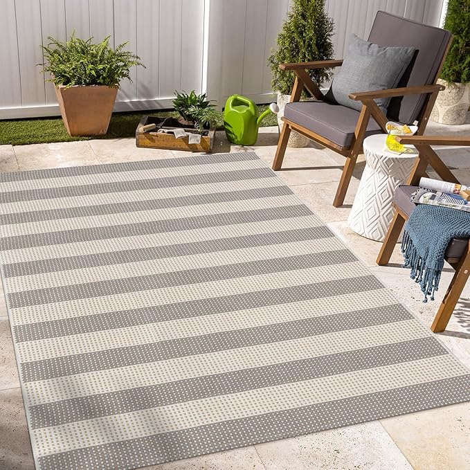 OJIA Outdoor Area Rug 4'x6' Striped Patio Rugs Washable Woven Cotton Indoor Outdoor Rug Living Room Rug Checkered Rug Floor Carpet for Living Room/Dining Room/Deck/Backyard (Gray/White/Tan)