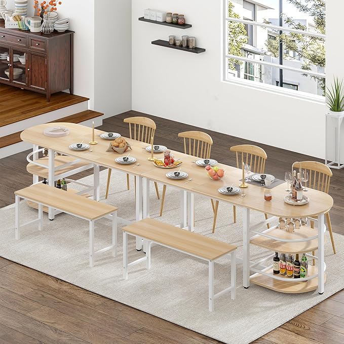 soges Dining Table for 4-6 Person, 71 inch Long Kitchen Dining Table for Living Room and Dining Room, Dinner Table with Storage Shelf & Cup Holder, Metal Legs(Only Table), Millennium Oak