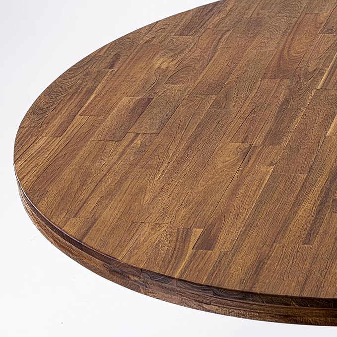 I5DA5-50N-32 5-Piece Modern Dining Table Set with Polyester Fabric 4 Light Beige kitchen chairs, Button-Tufted Backs, and a 54"Round Table in Antique Walnut Finish.