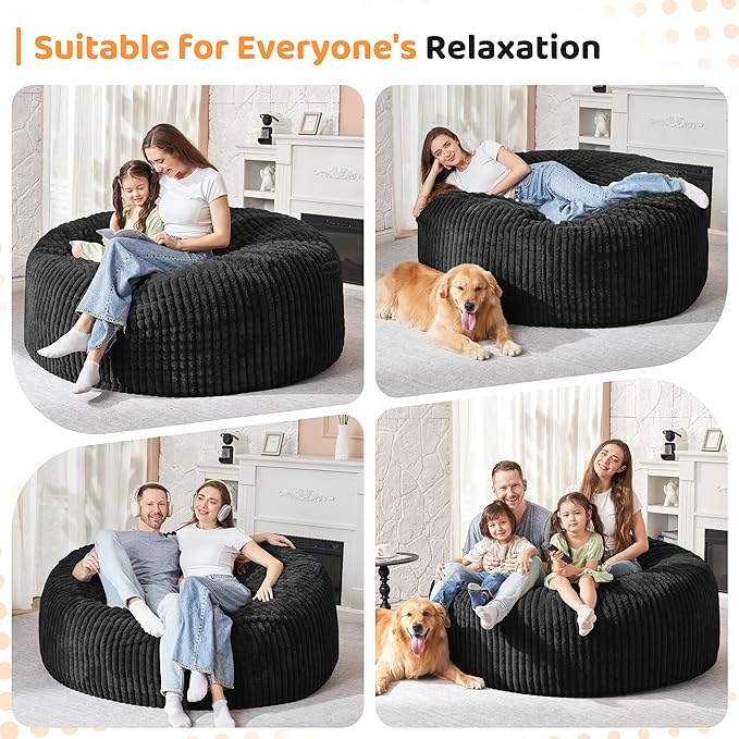 HABUTWAY 4FT Bean Bag Chair, 4' Large Bean Bag Chairs for Adults with Removable Stripe Plush Cover, Memory Foam Beanbag Chair for Living Room Bedroom Dorm (Black)