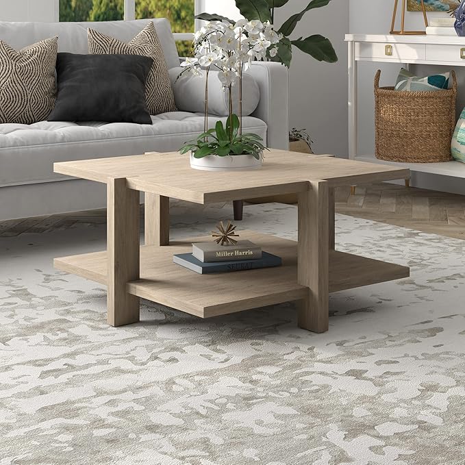 Henn&Hart 35" Wide Square Coffee Table in Antiqued Gray Oak, for Home, Living Room, Bedroom, Entertainment Room, Office