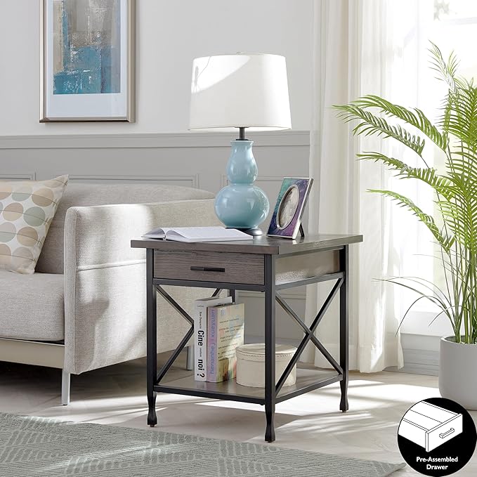 Leick Home 23007 Chisel & Forge One Drawer X Design Mixed Metal and Wood Side Table with Shelf, Smoke Gray and Matte Black, 22 in x 24 in x 24 in