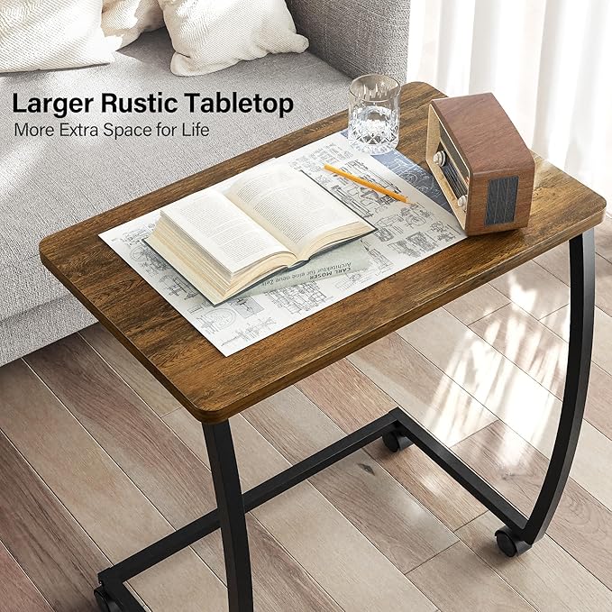 SRIWATANA Side Table, C-Shaped End Table with Rolling Wheels,Rustic Sofa Couch Table for Laptop Coffee Snack, Dark Walnut