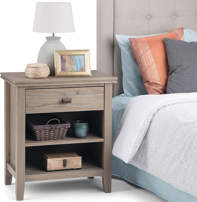 SIMPLIHOME Artisan SOLID WOOD 24 inch Wide Transitional Bedside Nightstand Table in Distressed Grey for the Living Room and Bedroom