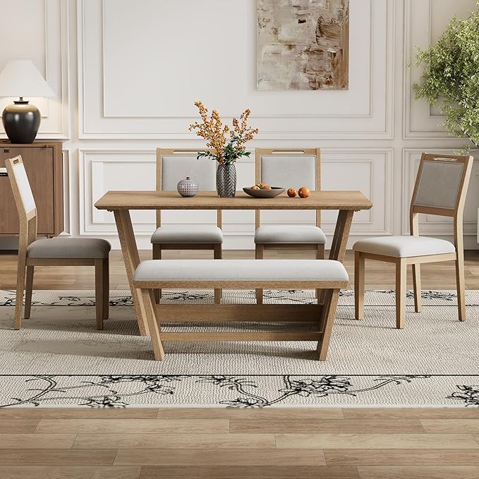 Ball & Cast 6-Piece Dining Table Set for 6 People, 60" Wood Dining Kitchen Table & Chairs Set, Rectangular Dining Room Table with Trapezoidal Base,4 Upholstered Chairs & 1 Bench, Kitchen, Espresso