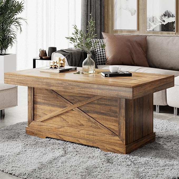 Coffee Table 39 in Rustic Center Table with X-Design Wooden Pedestal for Living Room, Space Saving, Easy Assembly Rectangle Home Office Tea Accent Table for Dining Room Apartment, Walnut