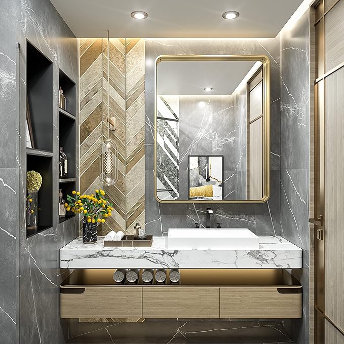 TokeShimi Gold Bathroom Mirror for Wall 30 x 36 Inch Metal Rounded Corner Rectangle Mirror Metal Frame Deep Set Design Hangs Horizontal Or Vertical