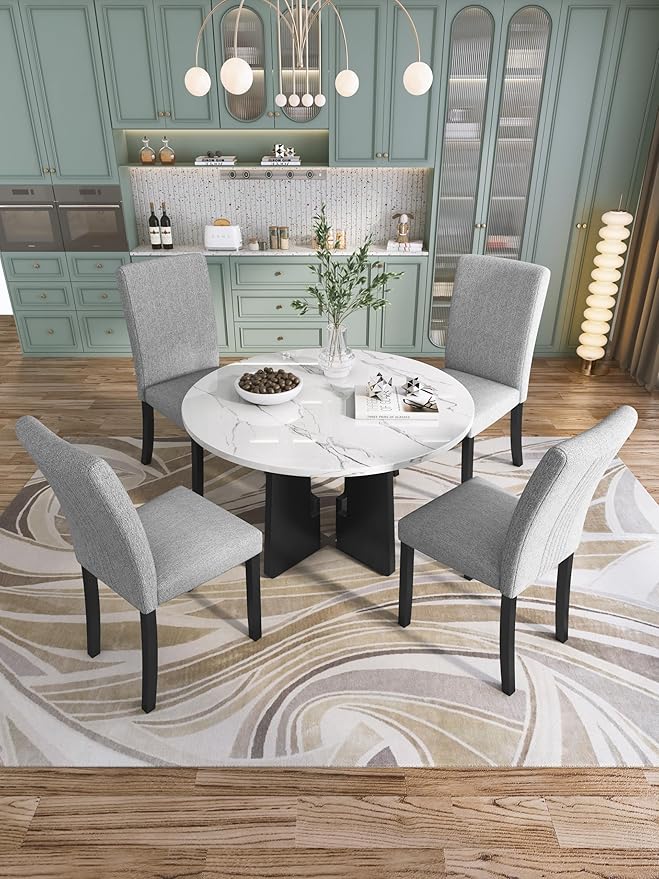 Merax 5-Piece Round Dining Table Set, Modern 4 Upholstered Chairs for Living,Kitchen Room, 43 Inch, White+Gray