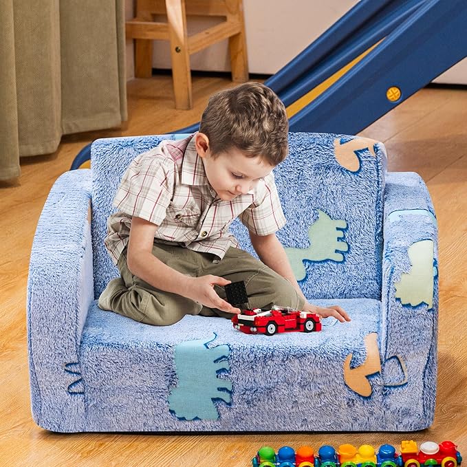 Lamerge 2-in-1 Soft Toddler Couch Fold Out,Foldable Toddler Chair, Glow in The Dark Kids Sofa for playroom,Convertible Foam and Floor Cushion for Boys and Girls (Blue and Dinosaur)