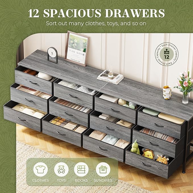 Huuger 70 Inch Dresser for Bedroom, TV Stand for 65, 75, 80 Inch TV, 12 Fabric Drawer Long Dresser, Large Storage Organizer Unit, Wide Chest of Drawer with Storage, for Living Room, Grey