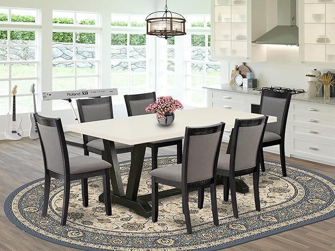 East West Furniture V627MZ650-7 7 Piece Dining Table Set Consist of a Rectangle Kitchen Table with V-Legs and 6 Dark Gotham Grey Linen Fabric Parson Chairs, 40x72 Inch, Multi-Color
