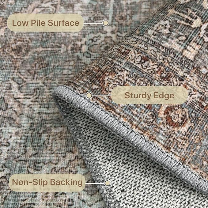 9X12 Area Rugs Machine Washable Rugs for Living Room, Vintage Boho Large Rugs for Bedroom Dining Room, Non Slip Indoor Soft Distressed Lightweight Thin Low Pile Carpet, Dusty Blue