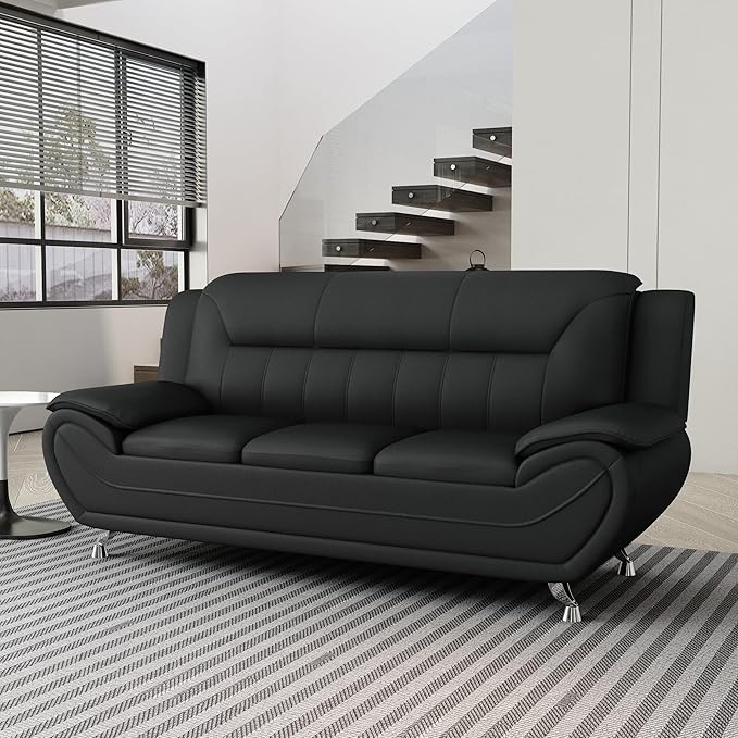 Container Furniture Direct Michael Modern Faux Leather Upholstered Stainless Steel Legs Living Room Sofa, Midnight Black