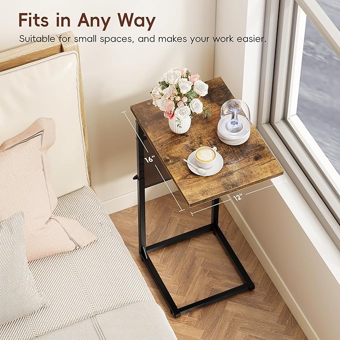 Vagusicc C Shaped End Table, 33"Tall Side Table for Couch, Adjustable Height Sofa Table Small Couch Side Tables, Slide Under Recliner TV Tray Arm Tables with Metal Frame for Living Room,Bedroom,Brown