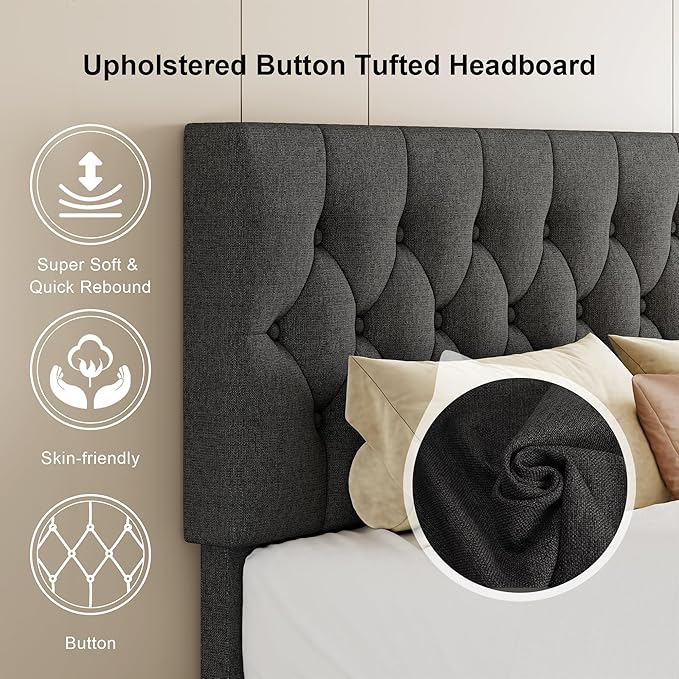Feonase Queen Platform Bed Frame with Button Tufted Headboard, Upholstered Linen Bed with Wooden Slats Support, No Box Spring Needed, Easy Assembly, Noise-Free, Dark Grey