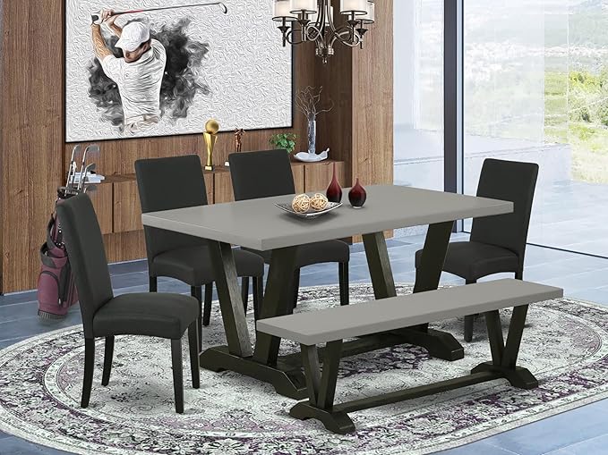 East West Furniture V696DR124-6 6 Piece Kitchen Table Set Contains a Rectangle Dining Table with V-Legs and 4 Black Color Linen Fabric Parson Chairs with a Bench, 36x60 Inch, Multi-Color