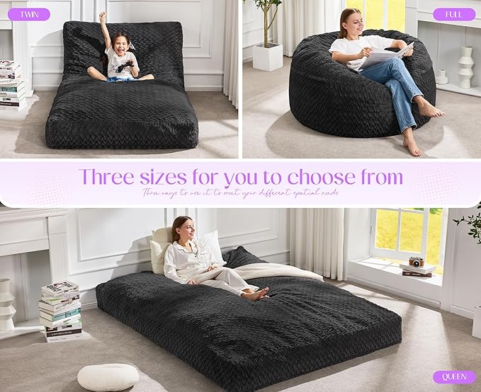 Hobestluk Bean Bag Chair Convertible Beanbag Chairs for Adults, 3 in 1 Bean Bags with Plush Chevron Cover, Adult Bean Bag Chair for Living Room, Bedroom (Black, Full)