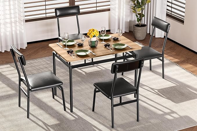 IDEALHOUSE 5 Piece Dining Room Table Set, Kitchen Table Set for 4 with Brown Wooden Grain Kitchen Table and 4 PU Upholstered Metal Chairs, Dining Room Set for Small Space,Home Dinner(4 Black Chairs)
