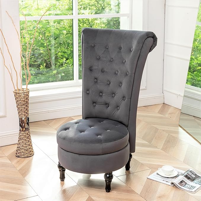 Container Furniture Direct Royal High-Back Velvet Accent Chair for Vanity with Storage and Luxurious Upholstery, Retro Design and Versatile Usage for Livingroom, Bedroom, Lounge and Office, Grey