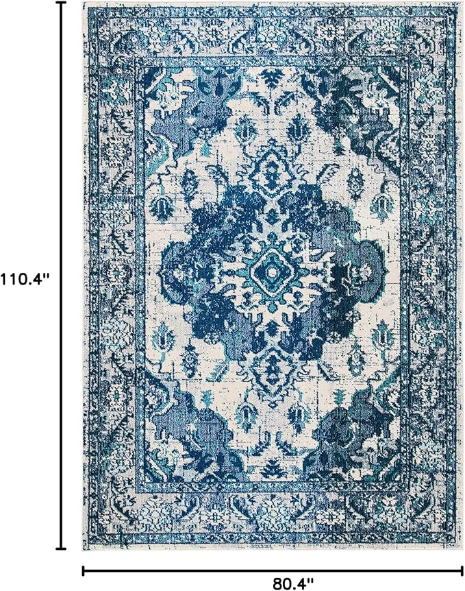 SAFAVIEH Monaco Collection Area Rug - 6'7" x 9'2", Ivory & Blue, Boho Chic Medallion Distressed Design, Non-Shedding & Easy Care, Ideal for High Traffic Areas in Living Room, Bedroom (MNC243A)