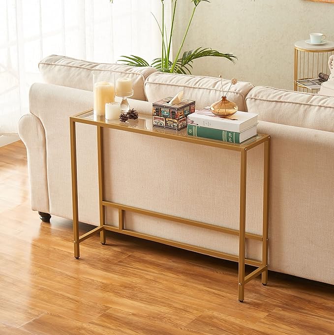 MAJARO Small Modern Console Table for Entryway, Tempered Glass with Metal Frame Sofa Table for Living Room, Hallway, Office (Single-Layer, Gold)