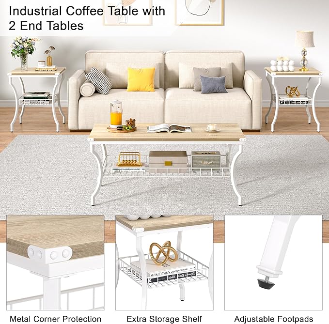 VECELO 3 Pieces Living Room Table Sets, Coffee and End Tables with Open Storage Shelves for Apartment, Home Office, Small Space, Easy Assembly, White Oak