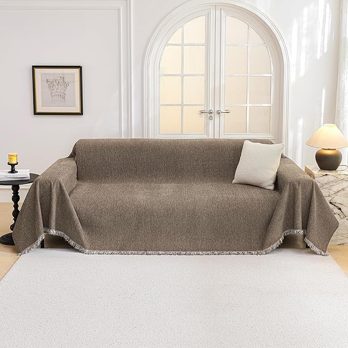 MYSKY HOME Couch Cover for Dogs Washable Couch Covers Couch Covers for Dogs Couch Cover 2 Cushion Sofa Non Slip Dogs Furniture Protector with Tassels Chenille Sofa Covers for Pets, 71"x102", Sand