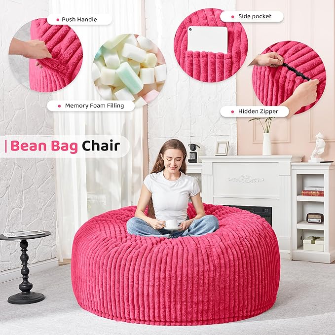 HABUTWAY 4FT Bean Bag Chair, 4' Large Bean Bag Chairs for Adults with Removable Stripe Plush Cover, Memory Foam Beanbag Chair for Living Room Bedroom Dorm (Pink)