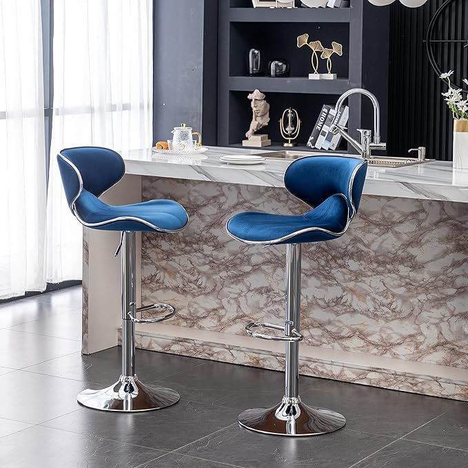 Roundhill Furniture Masaccio Velvet Upholstered Adjustable Swivel Barstool, Set of 2, Blue