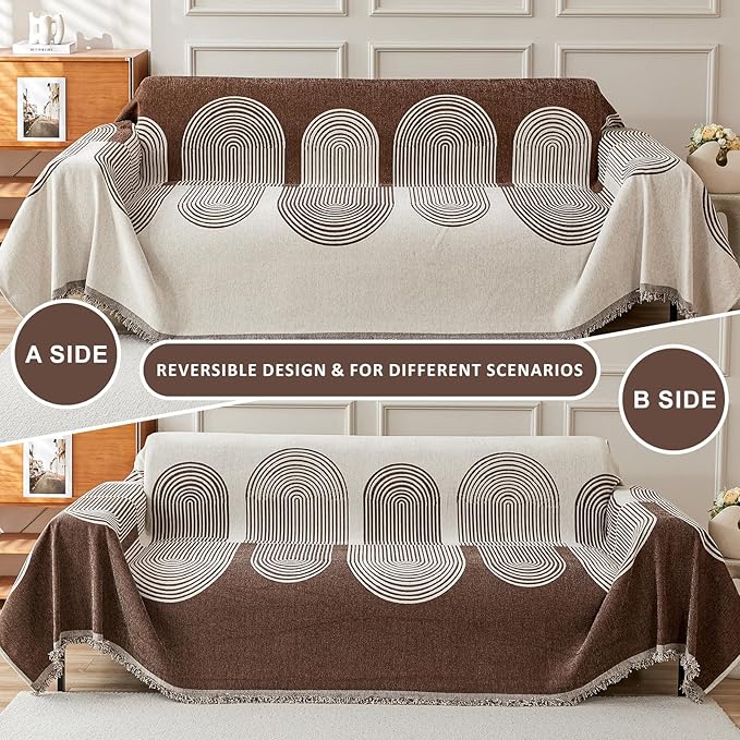STACYPIK Boho Chenille Couch Cover for Pets, Khaki Striped Sofa Cover for 2 Cushion Couch, Non Slip Furniture Protector, Tassels Geometric L Shaped Couch Cover for Dogs Cat Loveseat Slipcover-71x118IN