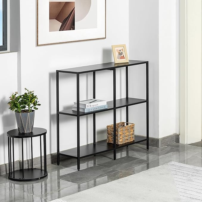 HDANI 31.5 Inch Metal Console Table with 3 Tier Strage Shelves,Narrow Entryway Table,Modern Sofa Tables for Entryway, Living Room,Bedroom,Black