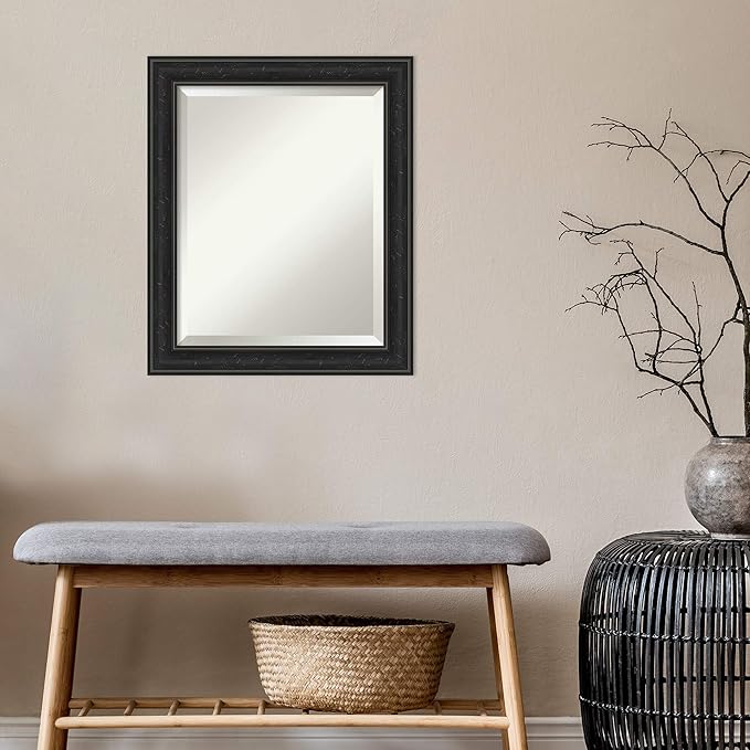 Amanti Art Black Bathroom Mirror for Over Sink, 24x20 Shipwreck Black Narrow Rectangle Vanity Mirror, Small Rustic Farmhouse Frame, Hangs Horizonally and Vertically, Bathroom Wall Decor, Beveled Edge