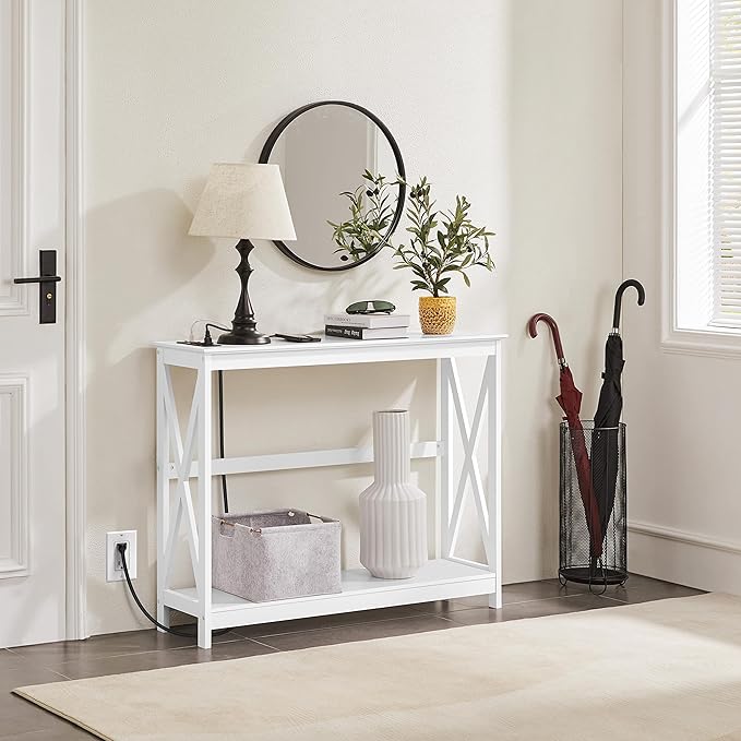Yaheetech 40" Console Table with 2 Outlet and 2 USB Ports, Wooden Entryway Table with X-Shaped Design, Narrow Sofa Table for Living Room and Hallway,White