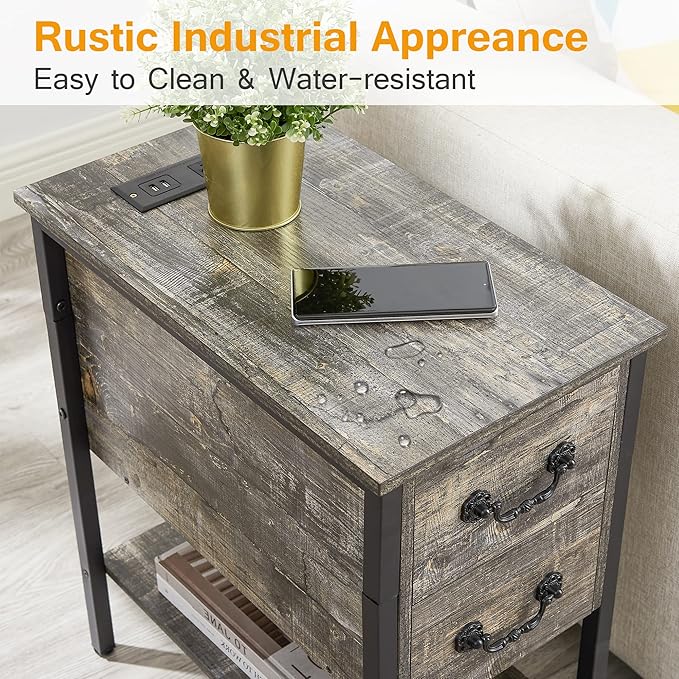 VECELO End Tables,Narrow Nightstands with Charging Station & USB Ports &Drawers,Night Stand for Living Room, Bedroom,Graylish