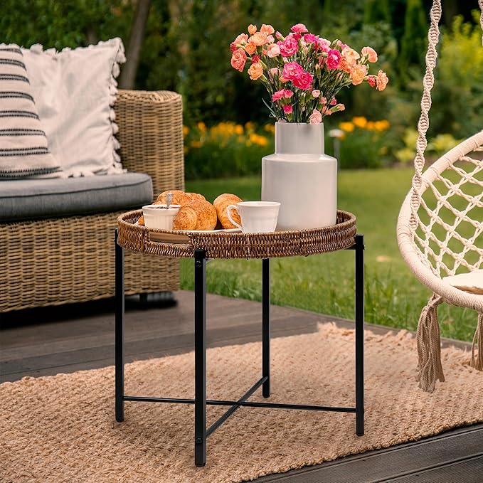 Brown Small Round End Table, 19in Rattan End Tables, Wicker Rattan Side Table, Round Sofa Side Table, Indoor Outdoor Side Tables for Patio, Living Room Bedroom Office